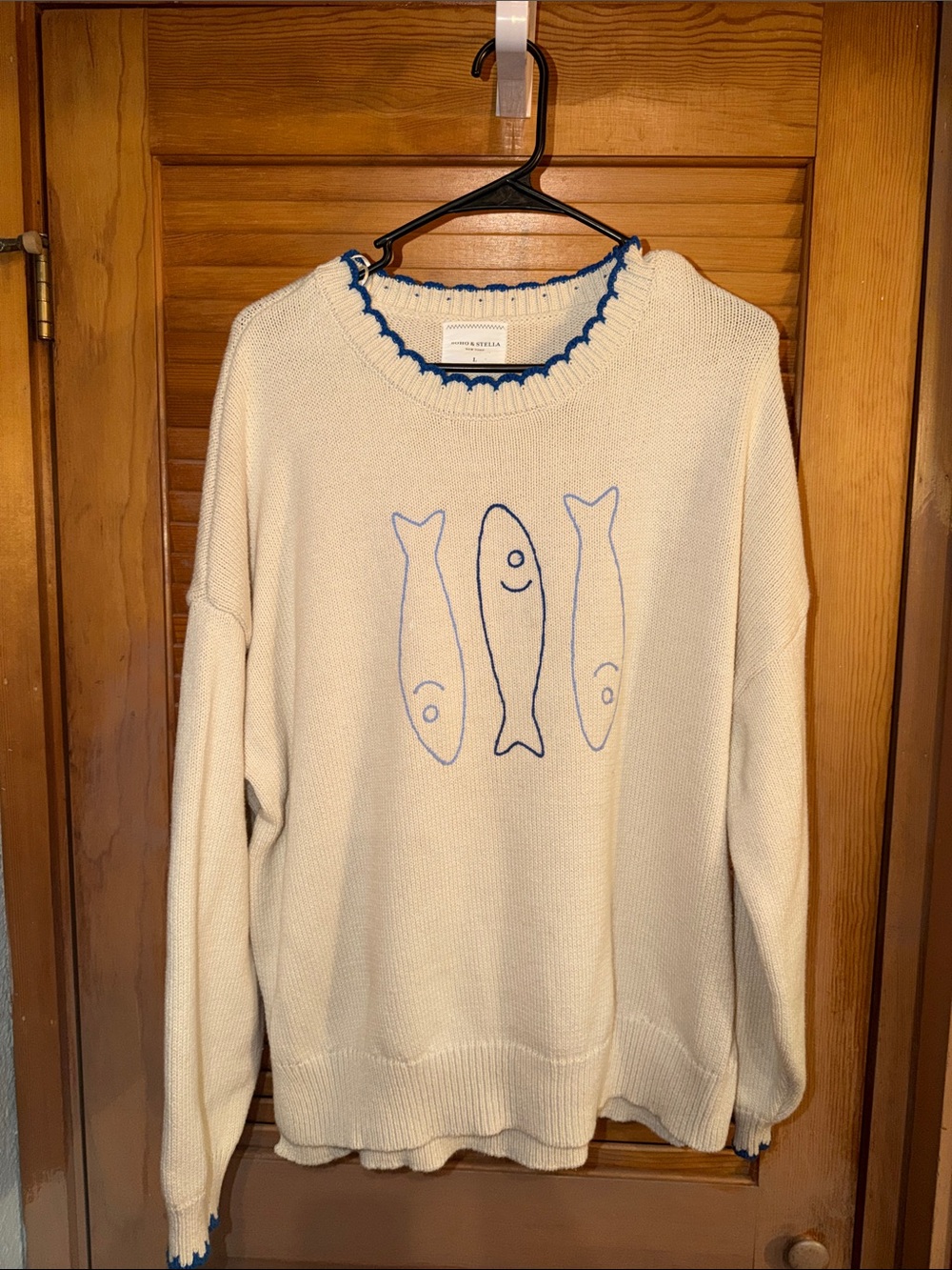 Off-White Womens Sweater with Blue Fish Embroidery